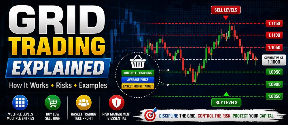 Grid Trading Explained showing multiple buy and sell levels on a forex trading chart