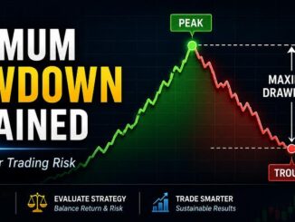 Maximum drawdown explained using a trading equity curve showing peak and trough