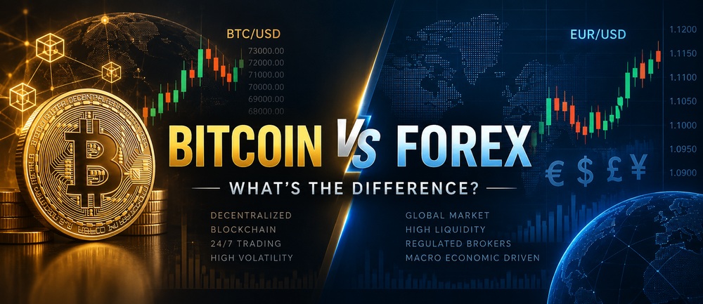 Bitcoin vs forex trading comparison showing BTCUSD and EURUSD financial markets