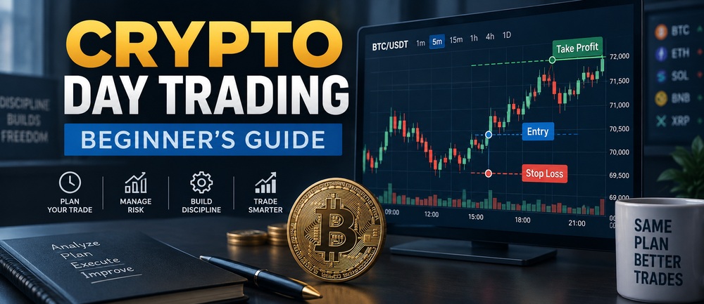 Crypto day trading explained with Bitcoin candlestick chart, intraday trade setup, stop loss and take profit levels