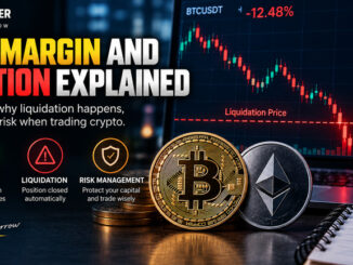 Crypto margin and liquidation explained with leverage, margin, liquidation price, Bitcoin, Ethereum, and risk-management visuals.