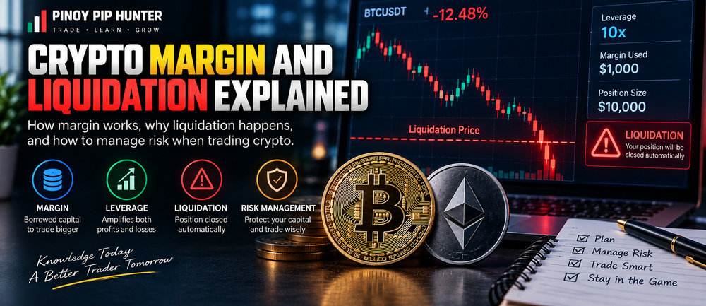 Crypto margin and liquidation explained with leverage, margin, liquidation price, Bitcoin, Ethereum, and risk-management visuals.