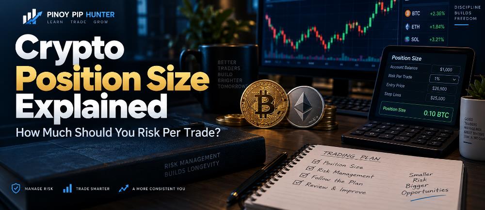 Crypto position sizing illustration showing account risk, stop loss and position size calculation
