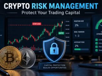 Crypto risk management for beginners showing position sizing, Stop Loss, account risk, Bitcoin and Ethereum, and capital protection.
