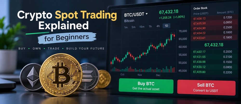 Crypto spot trading explained for beginners with Bitcoin, trading chart, and digital asset market interface