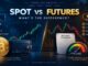 Crypto spot vs futures trading comparison showing spot ownership and futures leverage, contracts, long and short trading.