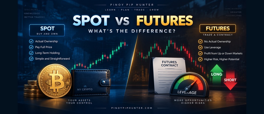 Crypto spot vs futures trading comparison showing spot ownership and futures leverage, contracts, long and short trading.