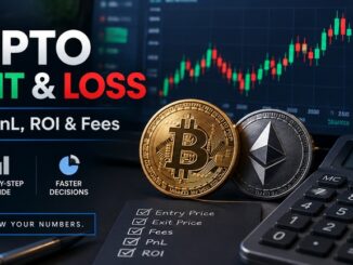Crypto profit and loss calculation showing Bitcoin, Ethereum, trading charts, PnL, ROI, fees, and a calculator.