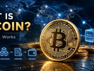 What is Bitcoin and how does it work explained with Bitcoin, blockchain and digital network concept