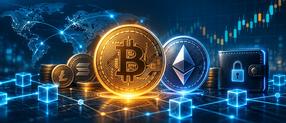 What is cryptocurrency beginner’s guide showing Bitcoin, Ethereum, blockchain and digital crypto assets